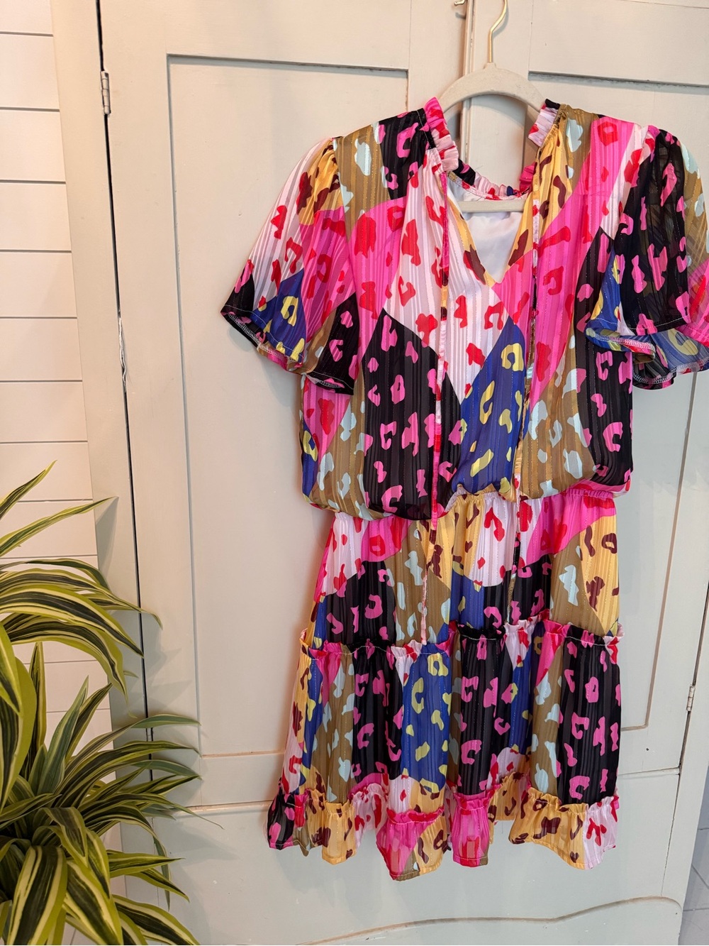 Multicolor Leopard Print Tiered Casual Dress - Pink, Blue & Tan